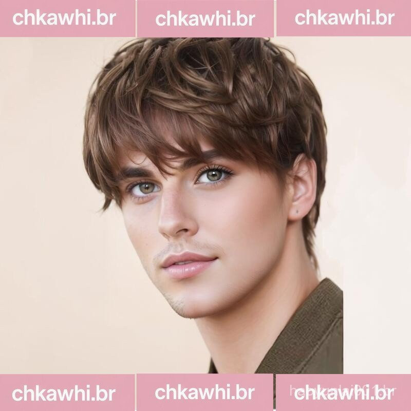 Peruca Masculina Cabelo Castanho Curto Liso Cabelo Preto Curto Macio Cabelo Cacheado Curto Franjas Laterais Peruca Compl