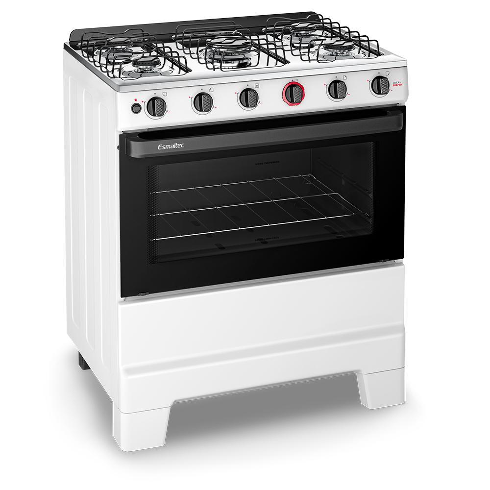 Fogão 5 Bocas Esmaltec Ideal Super 84L Bivolt Branco Com Mesa Inox Acendimento Automático