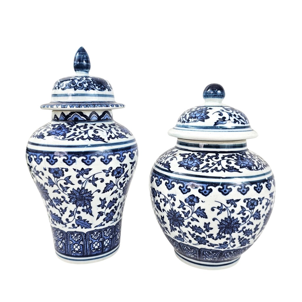 Kit Potiche Azul E Branco Porcelana Decorativo Hok