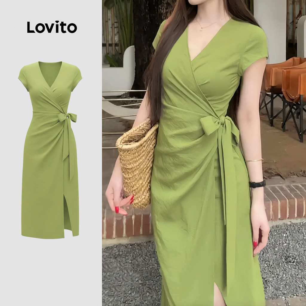 Lovito Vestido Casual Verde Primavera/verão Plissado com Fenda para mulheres LK5AD042