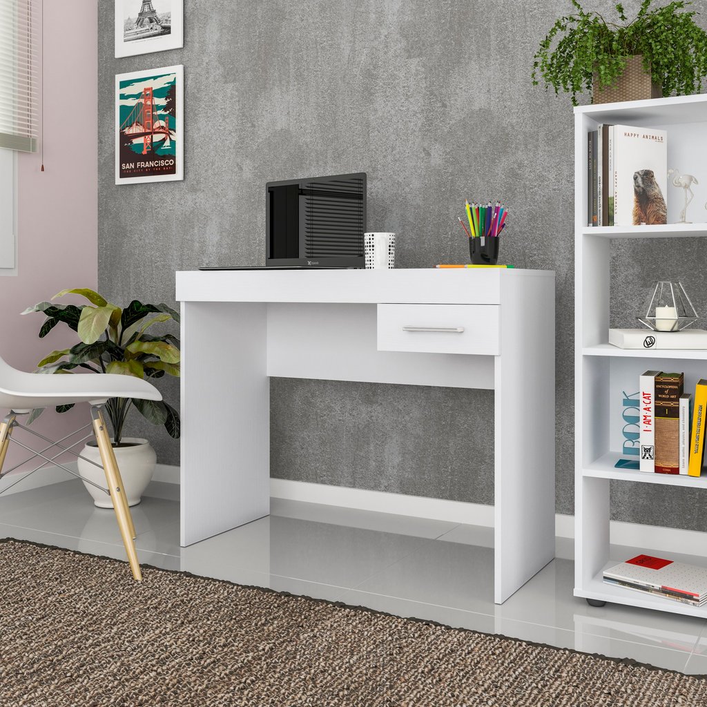 Escrivaninha Mesa Escritório com Gaveta Cooler 1 Gaveta 91cm Branca Branco