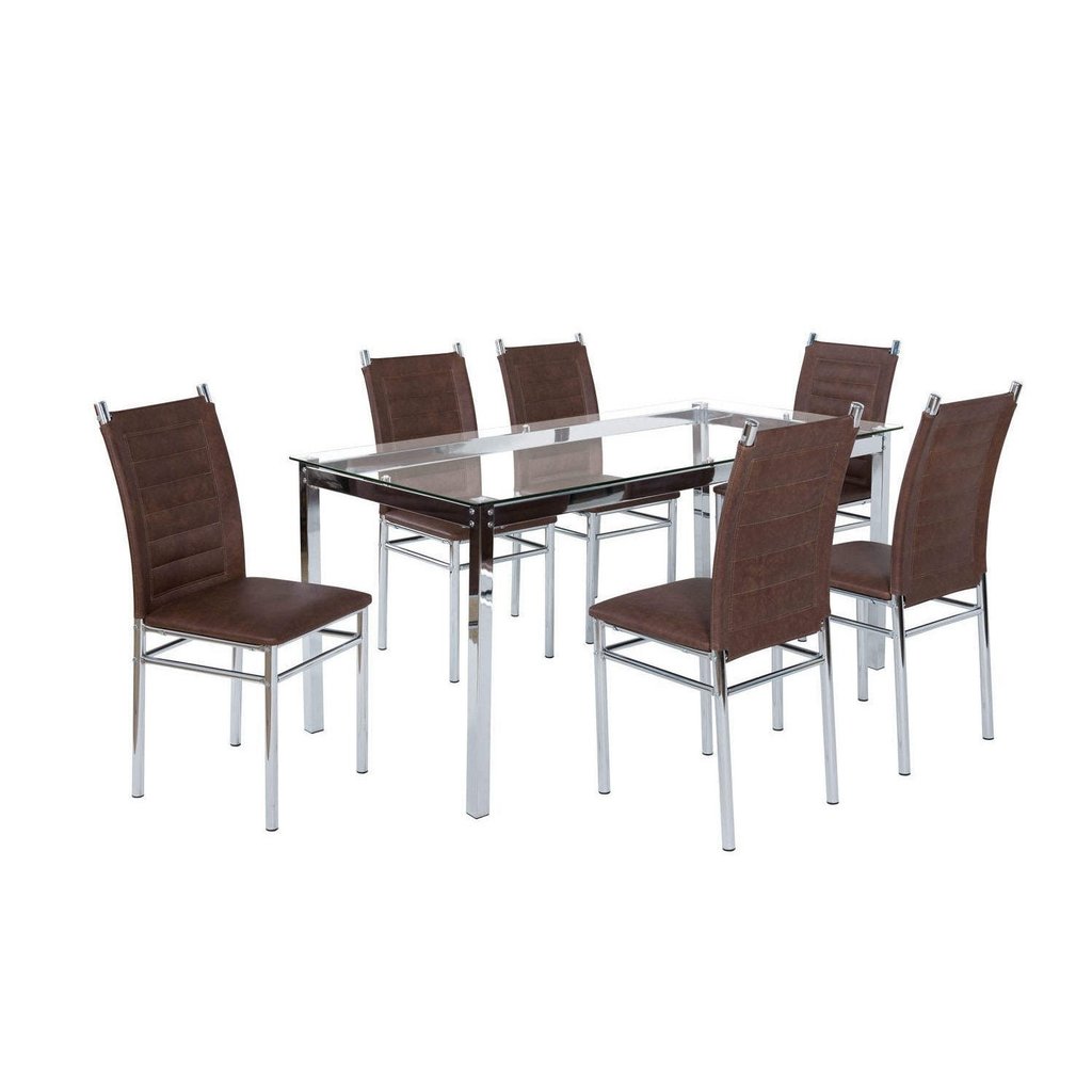 Conjunto Sala de Jantar Mesa Tampo de Vidro 6 Cadeiras Aço Tokio Yescasa Marrom/Cromado/Tex Cromado/Marrom Tex