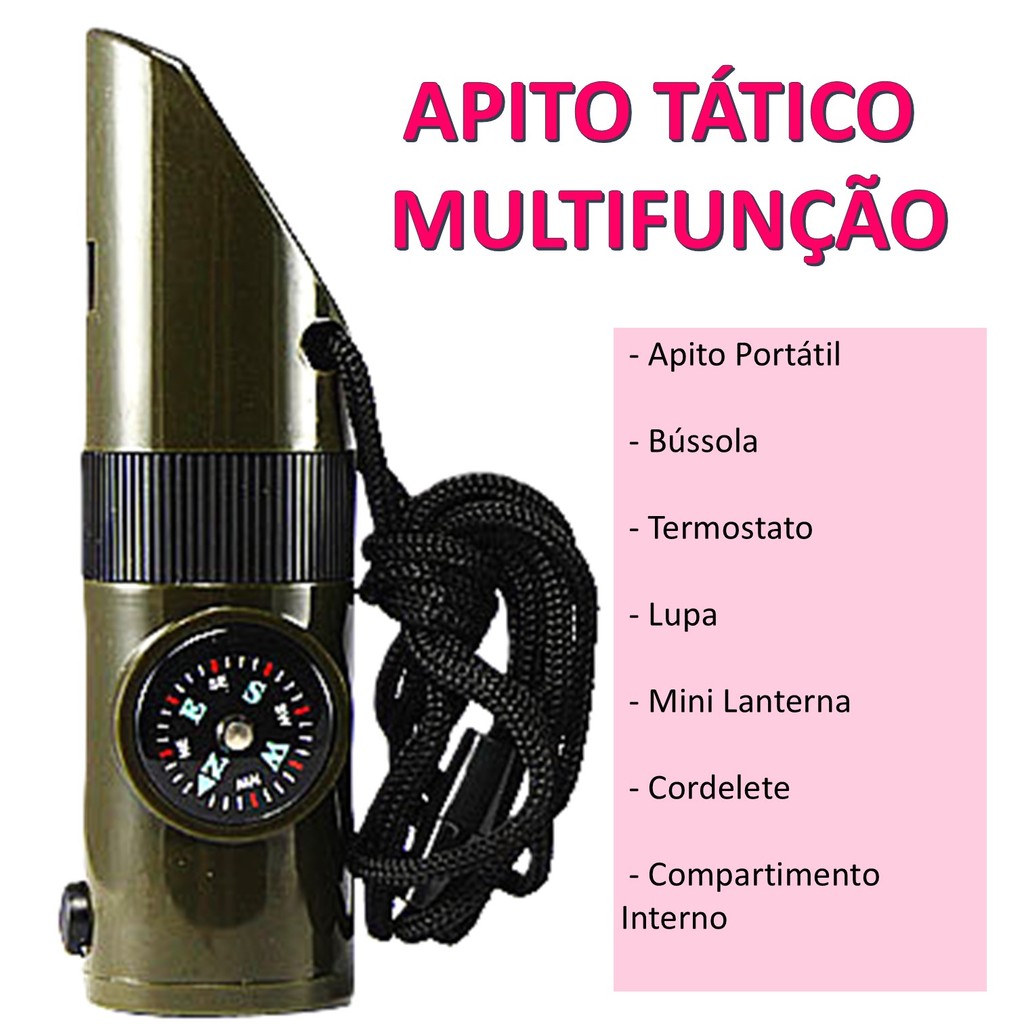 Apito Emergência 5 em 1 Tático Militar com Bússola e Cordão Camping Trilhas e Sobrevivência Camping 