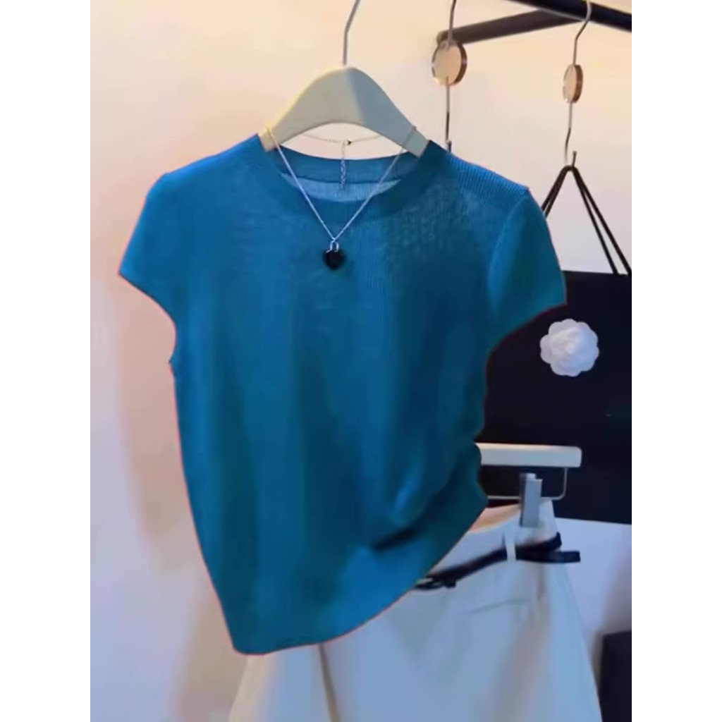 Golpe de produtos Niu X!Azul em torno do pescoço de malha de manga curta camiseta feminina verão gelo seda estilo fino m