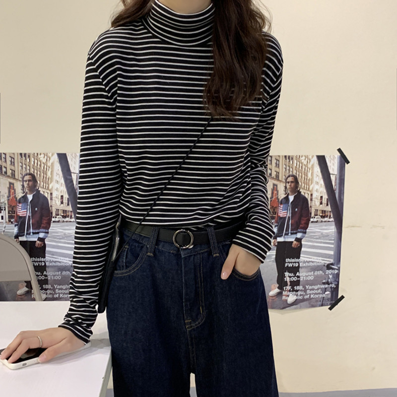 Camiseta de manga comprida estilo ocidental listrado camisa de fundo feminina primavera outono inverno 2022 novo estilo 