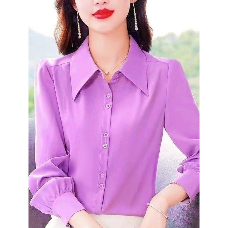 Camisa roxa feminina de manga comprida High-End primavera outono novo estilo elegante elegante mais magro olhar camisa m