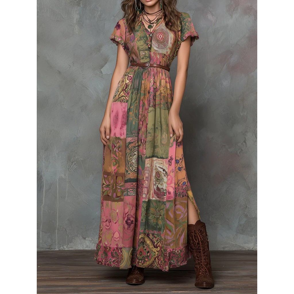 Senhoras vestido longo estilo filha vestido de praia vestido feminino Retro país jardim retalhos estilo boêmio vestido l