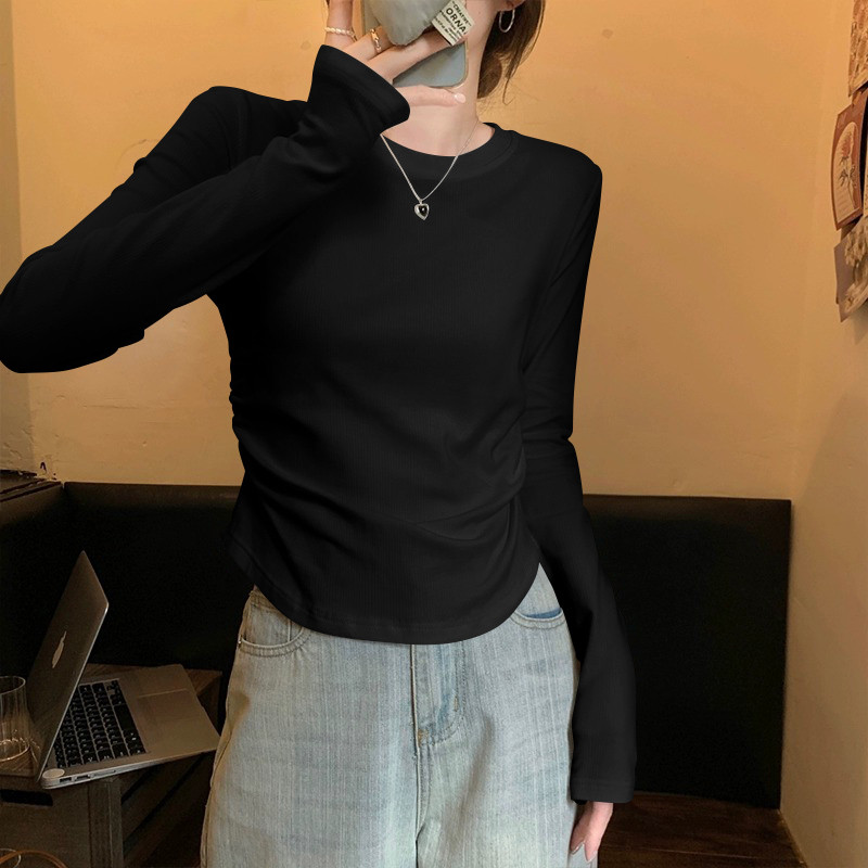Camiseta feminina de manga comprida com rosca 2025 novo estilo primavera outono estilo ocidental Irregular fino ajuste u