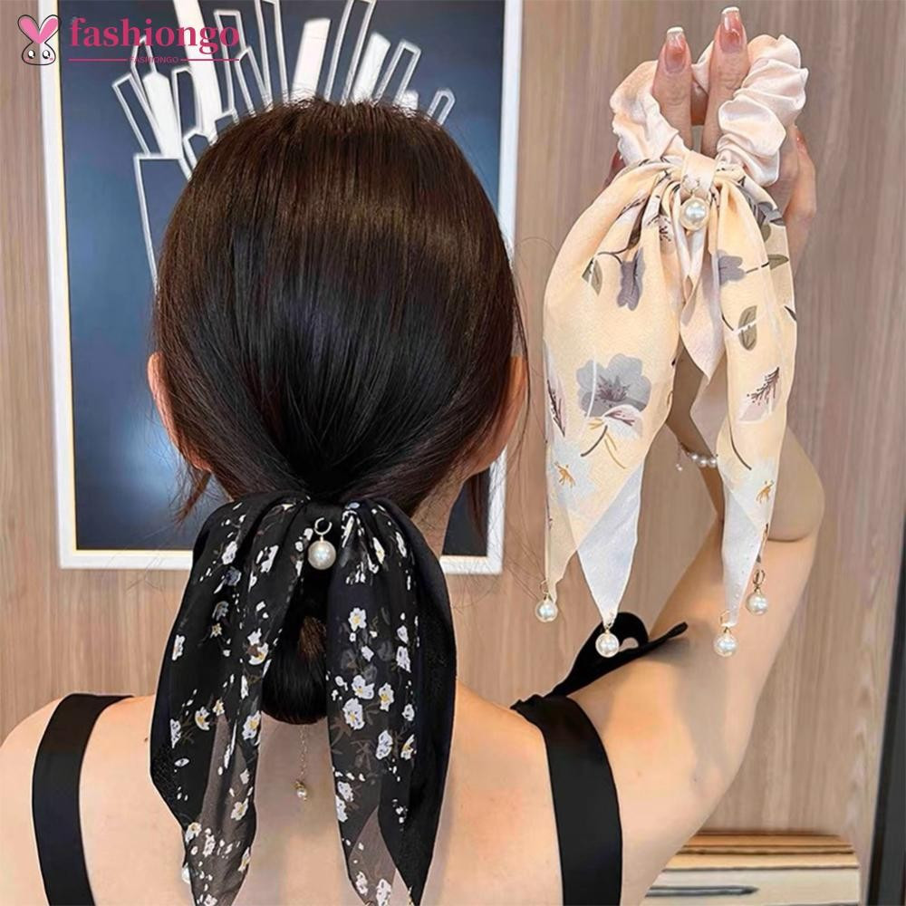 FASHIONGO 4 Pçs/set Floral Bowknot Streamer Faixa De Cabelo Temperamental Pérola Pingente Laço Borracha Altamente Elásti