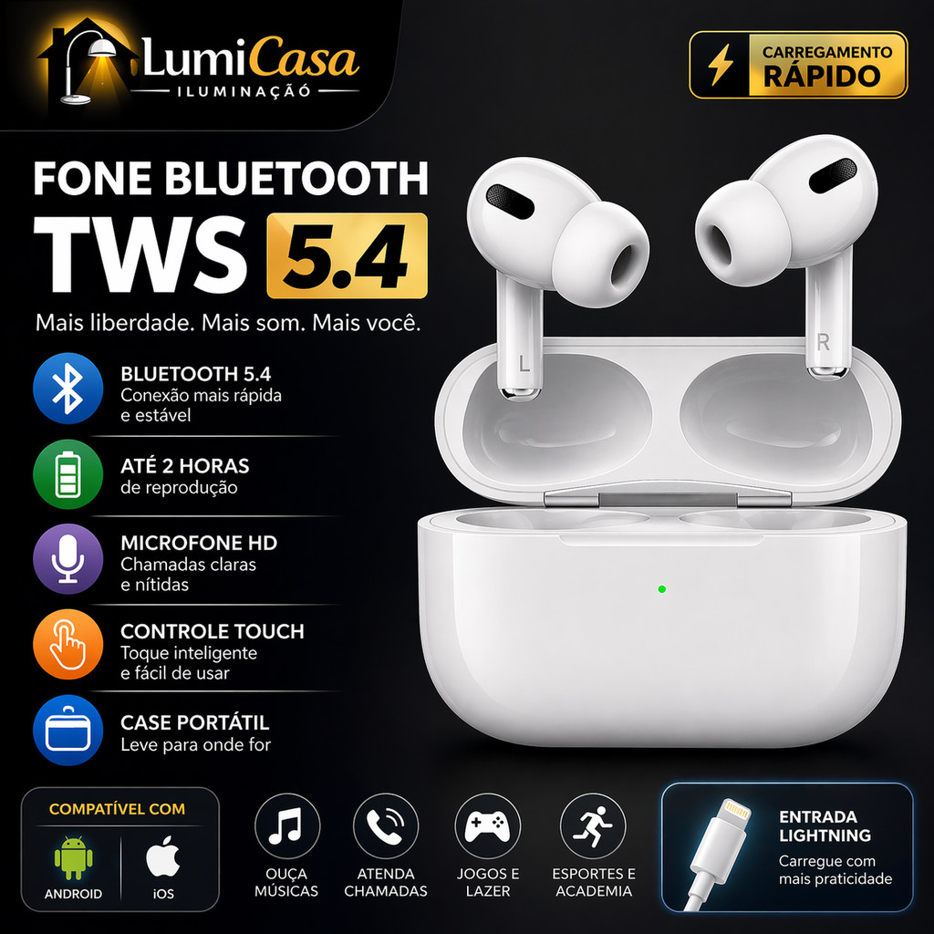 Fone Bluetooth TWS 5.4 Sem Fio In-Ear com Estojo de Carregamento Rápido | Compatível Android iOS Microfone HD