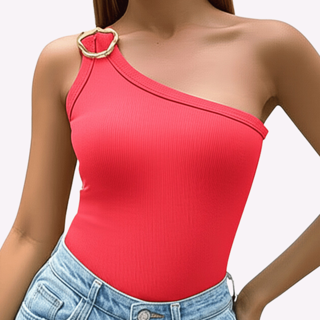 Blusa One Shoulder Premium: Elegância Canelada com Detalhe em Fivela Gold Achadinhos do Cezar