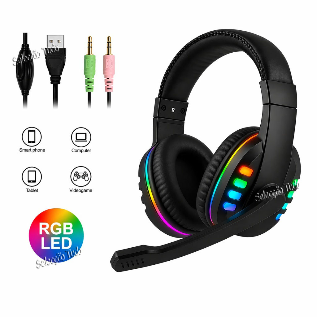 Fone De Ouvido Gamer Led RGB Com Microfone USB E P2 Para Videogame De Computador PC