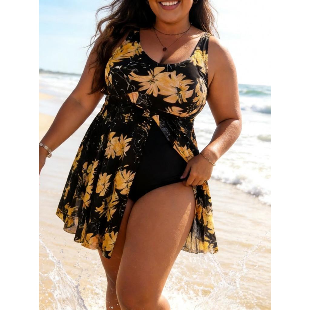 tankini sets 2026 moda cáqui grande flor maiô de uma peça feminino saia triângulo Plus Size de uma peça férias praia mai