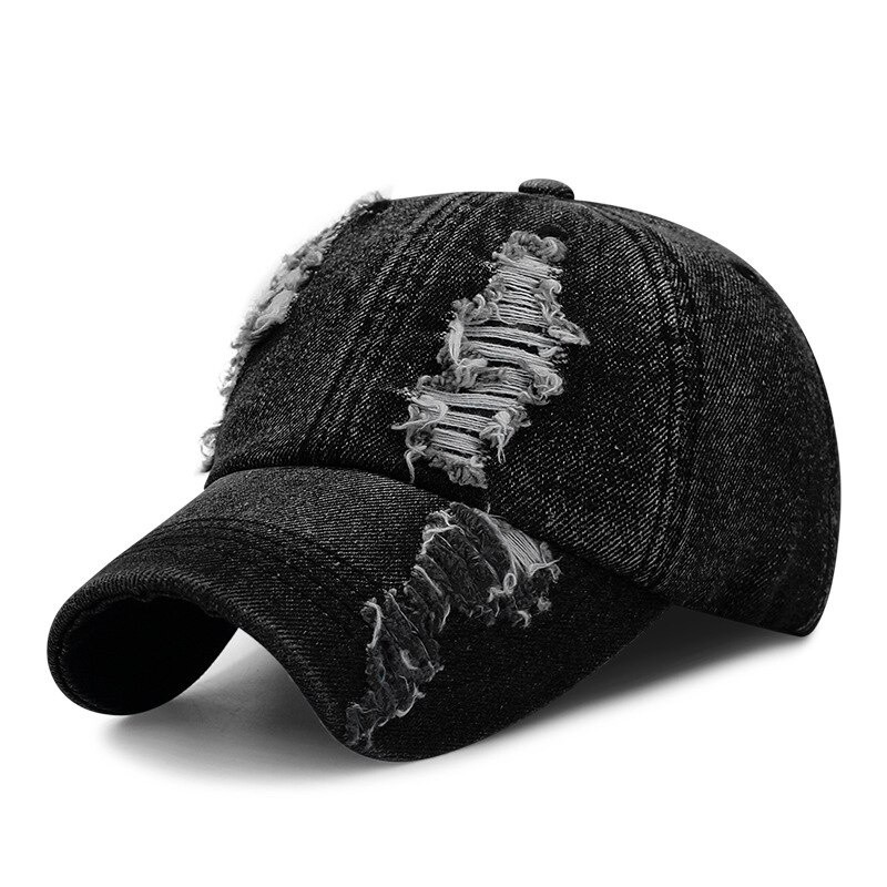 Boné de Beisebol Unissex de Denim Lavado, Estilo Desgastado com Buracos, Ajustável, Boné Snapback, Bonés Hip Hop, Chapéu