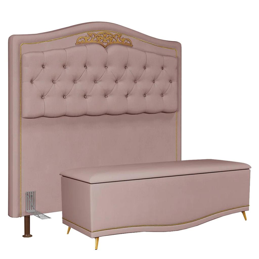 Cabeceira Cama Box Casal Queen 160cm Com Calçadeira Baú Imperial Veludo J02 Rosê - Mpozenato
