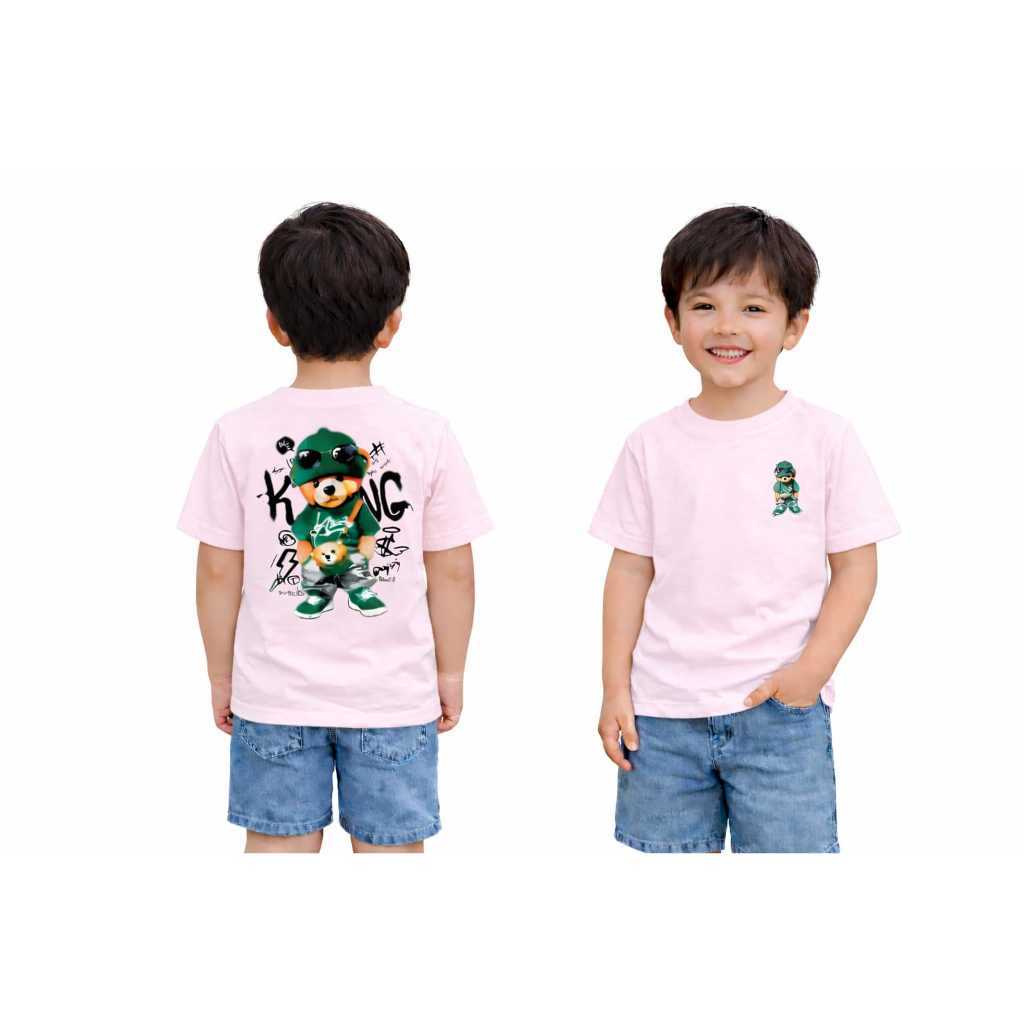 Camiseta Infantil Estampa Costas e Peito Ursinho Street Estilo 100% Algodão Confortável Unissex
