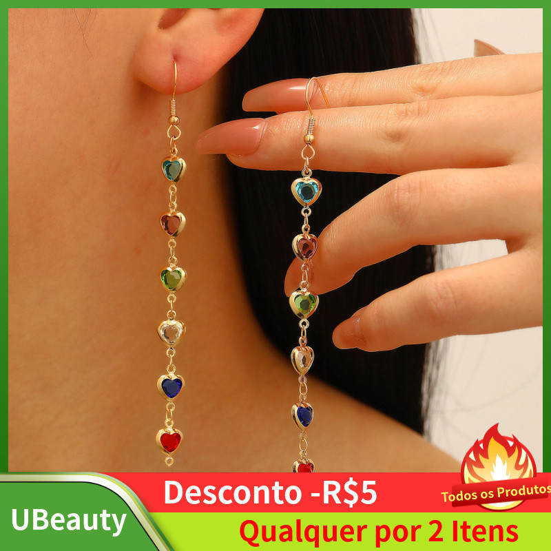 Brincos de Borla em Forma de Gota Coloridos, Brincos Longos em Forma de Coração com Diamantes Coloridos, Brincos Feminin