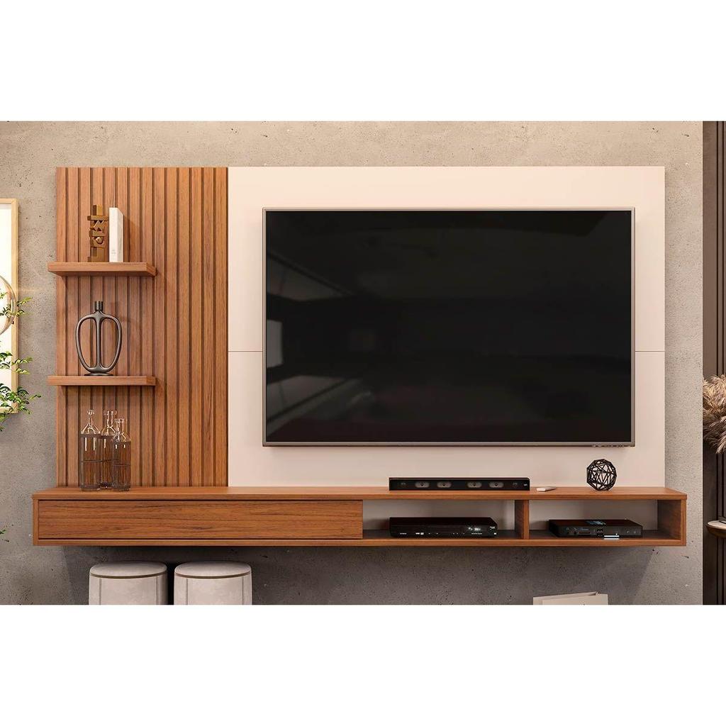 Painel Home p/ TV até 60 Polegadas Bento Ripado c/ Prateleiras 190x107cm Freijó/Off White - DJ Móveis