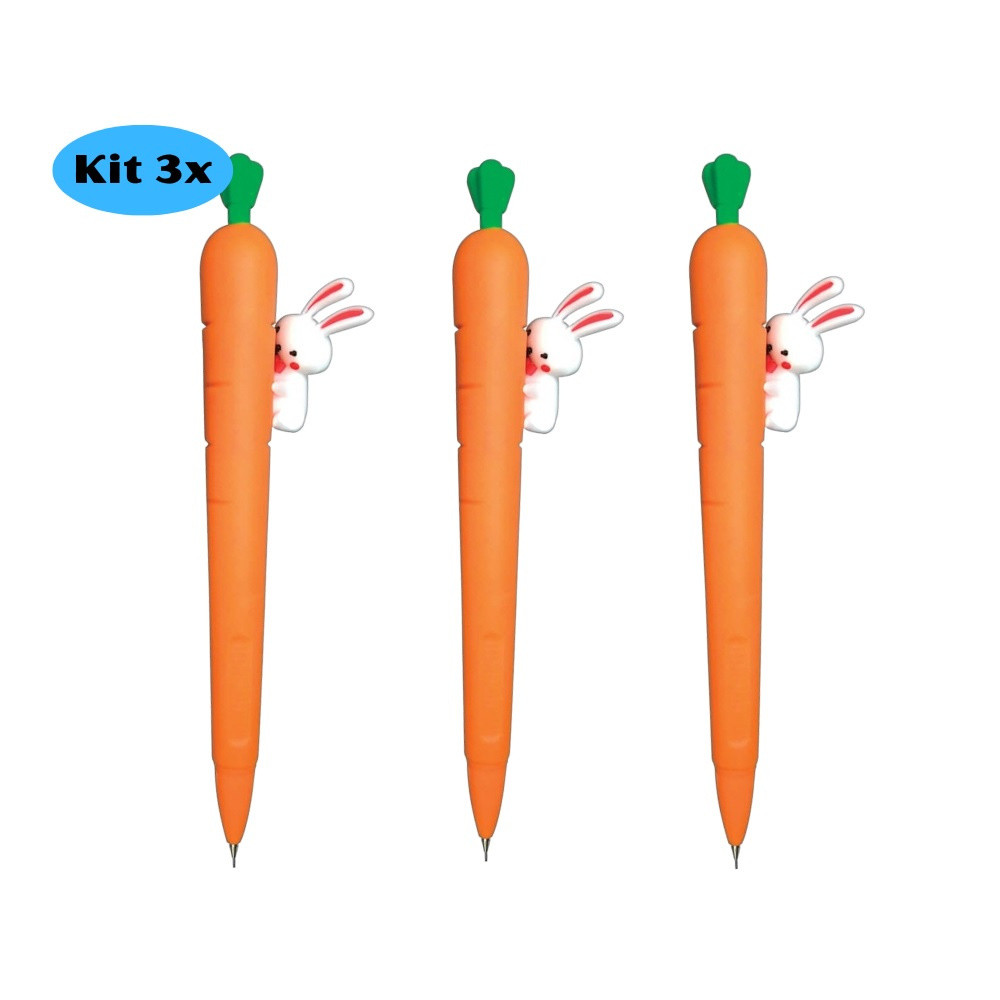 Kit 03 Lapiseira Escolar 0.7mm Decorada Cenoura Coelho Fofa Criativa Tilibra