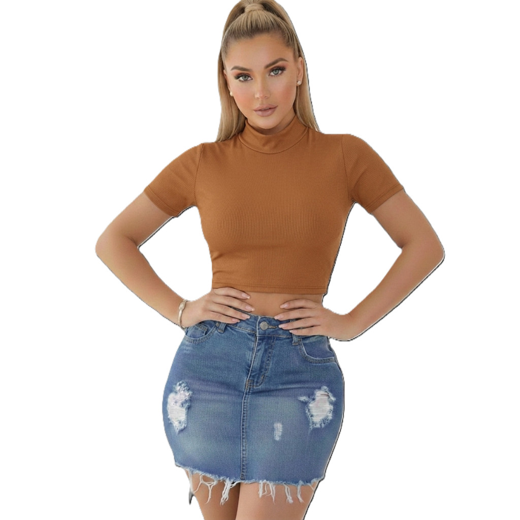 Cropped Feminino Gola Alta  Ribana Canelado  Manga Curta Justo Moda Blogueira Casual Elegante