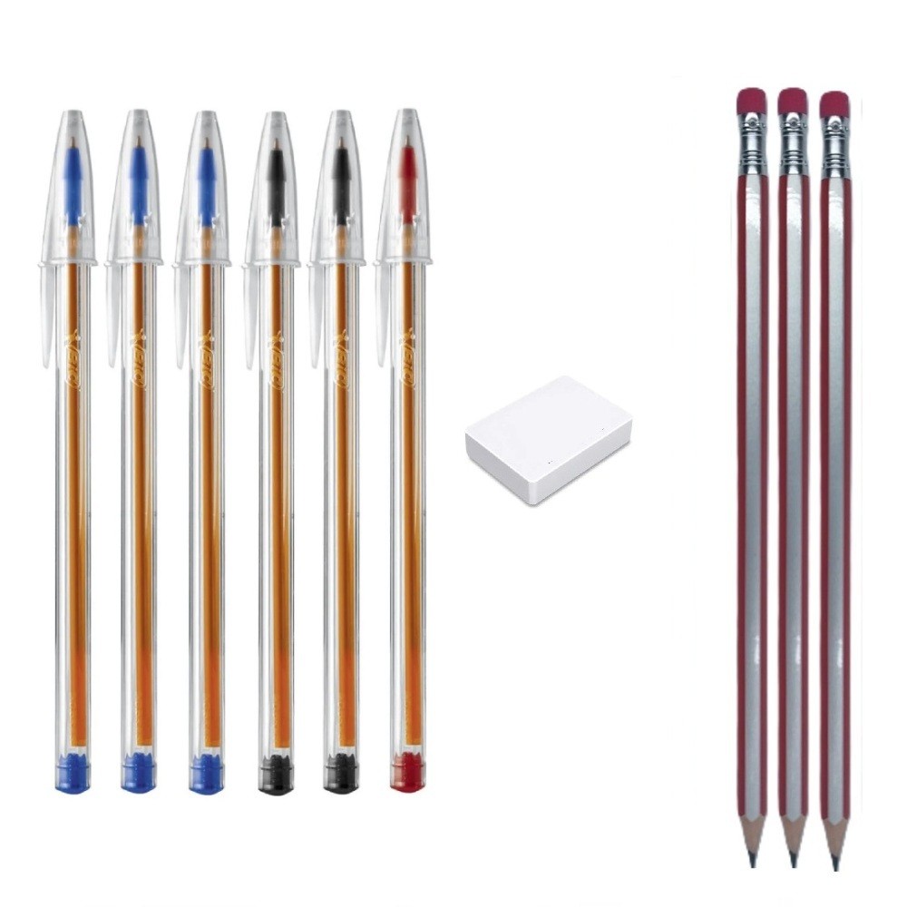Kit Escolar 3 Lapis Compactor c/borracha 1 Borracha e 6 Canetas Bic Fina