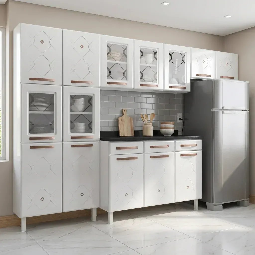 Cozinha Completa Modulada de Aço 4 Peças Decoradas com Paneleiro e Balcão com Tampo New Yescasa Branco Branco