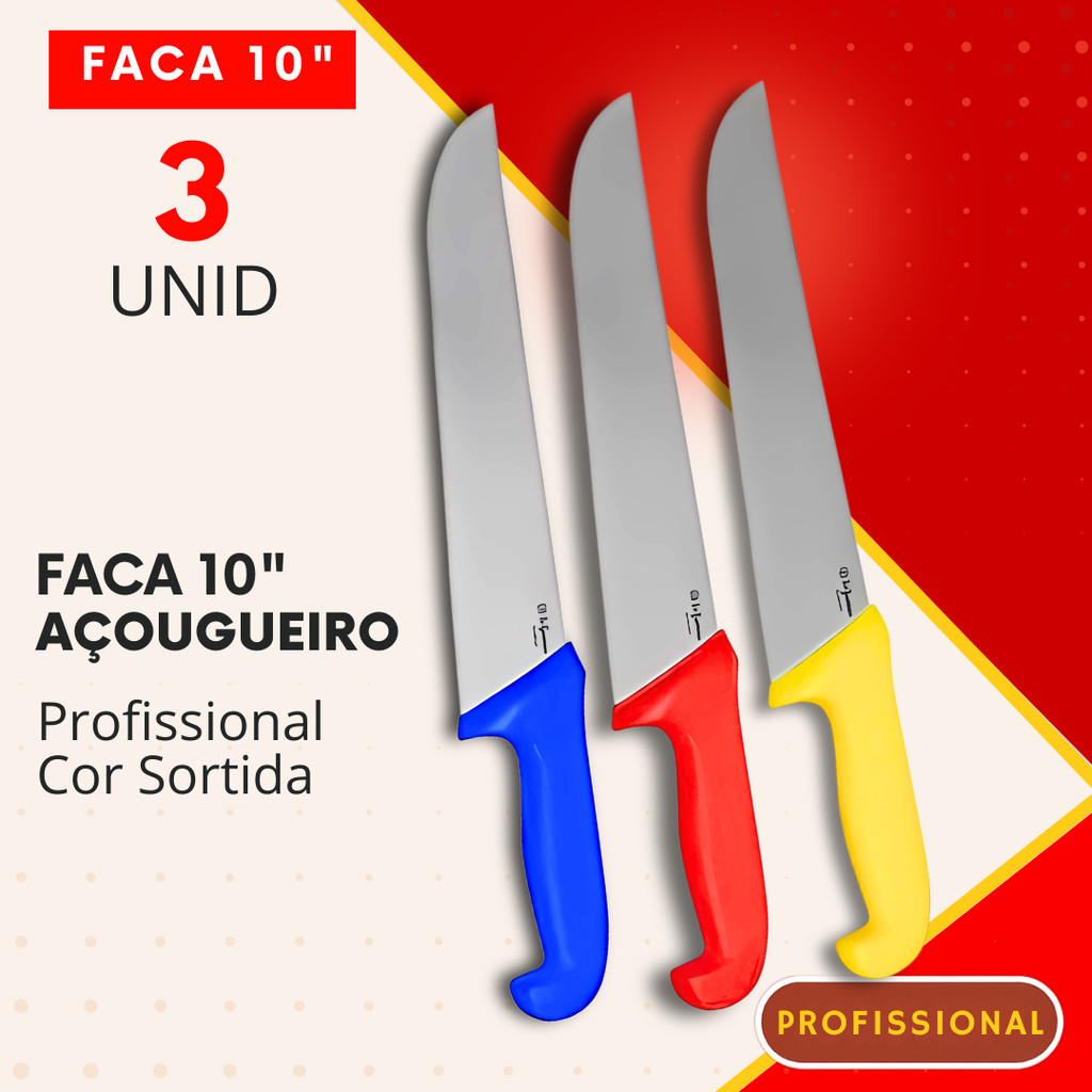 3/2/1- Faca 10" Açougueiro Profissional Churrasco Açougue Cabo Colorido