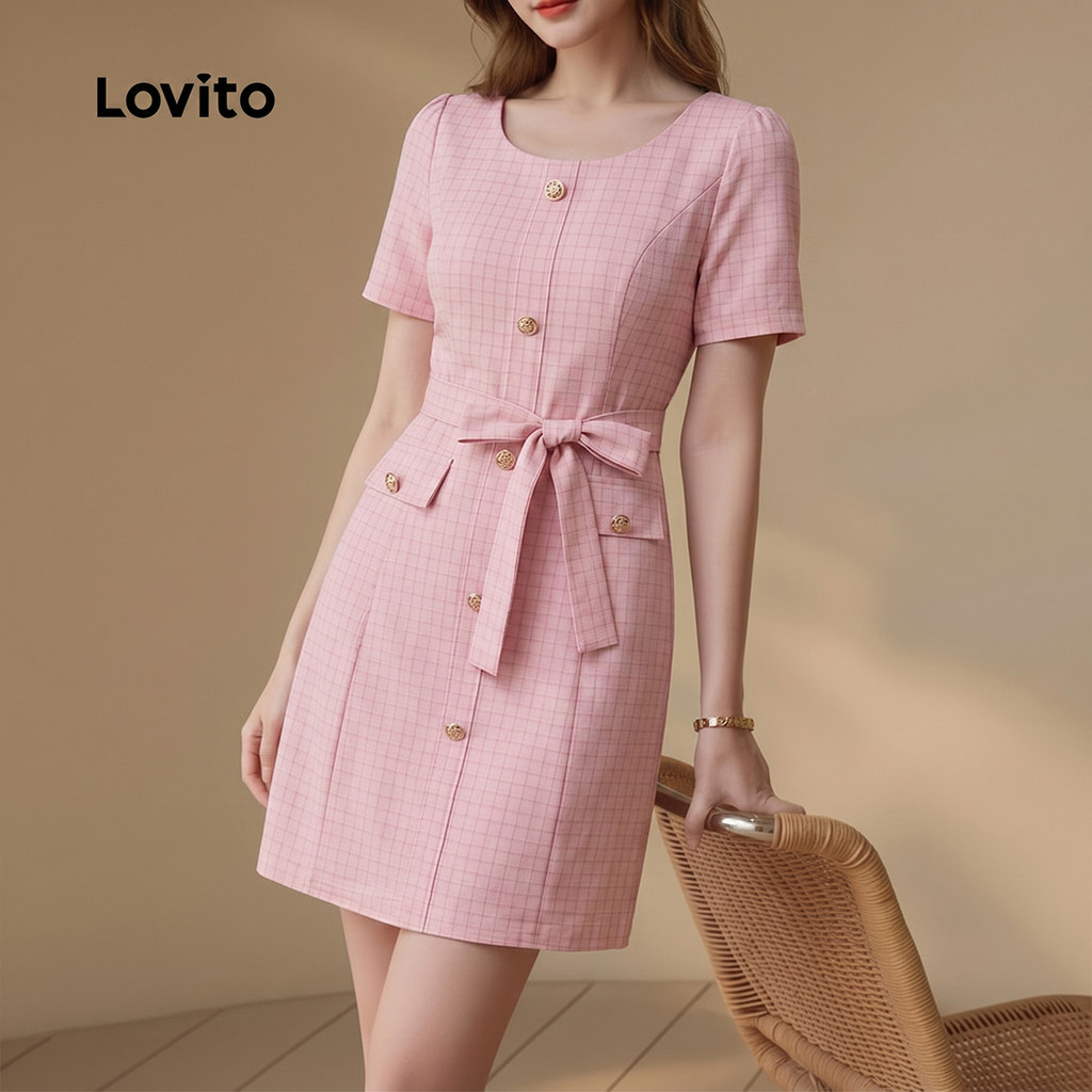 Lovito Elegante Padrão Vestido com Botões Na Frente e Bolso Falso Vestido Rosa Primavera/verão para mulheres LK5ED418 · foto 2