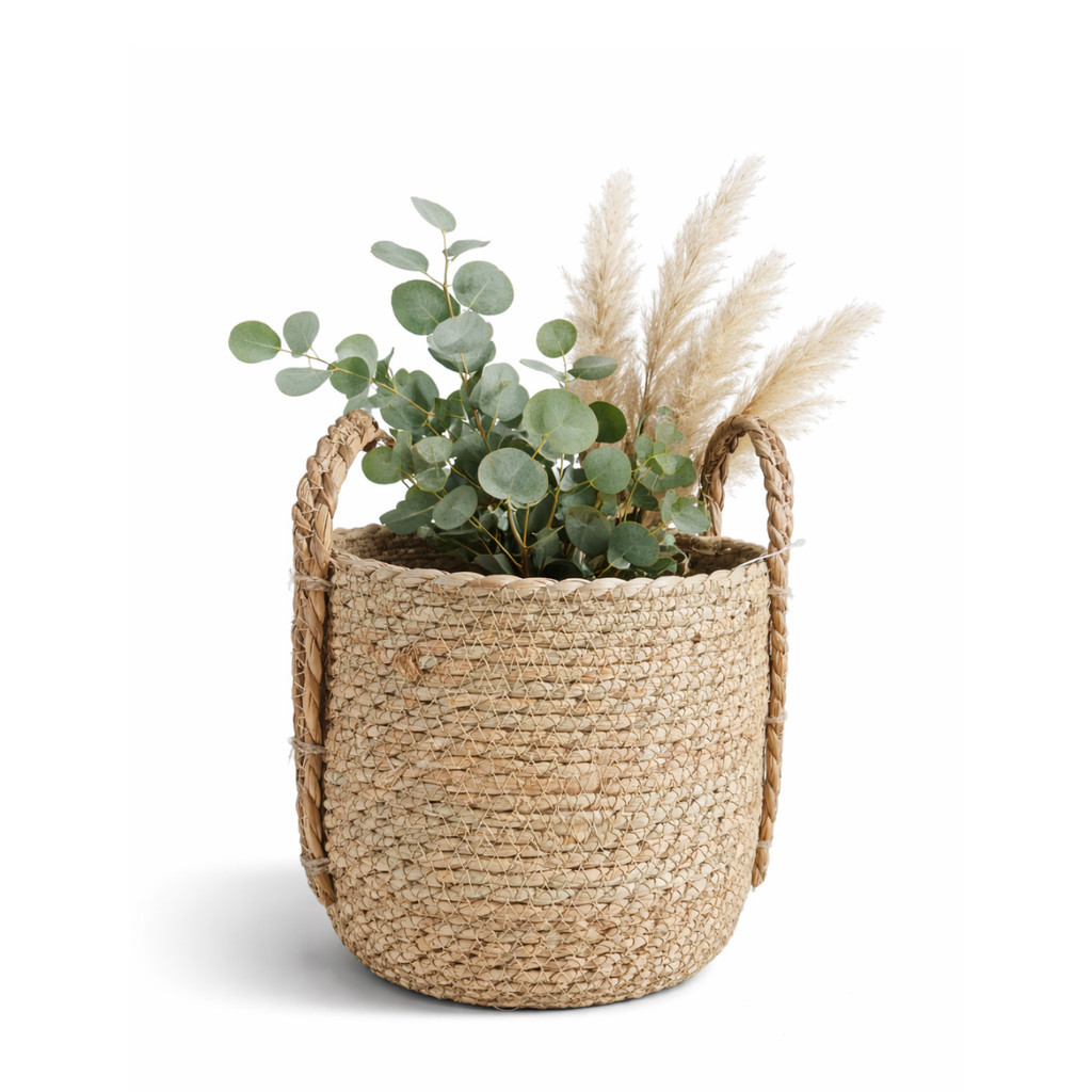 Cesto Organizador Fibra Natural Seagrass 26cm com Alça - Cesto Decorativo de Palha para Sala Quarto Roupa Brinquedos