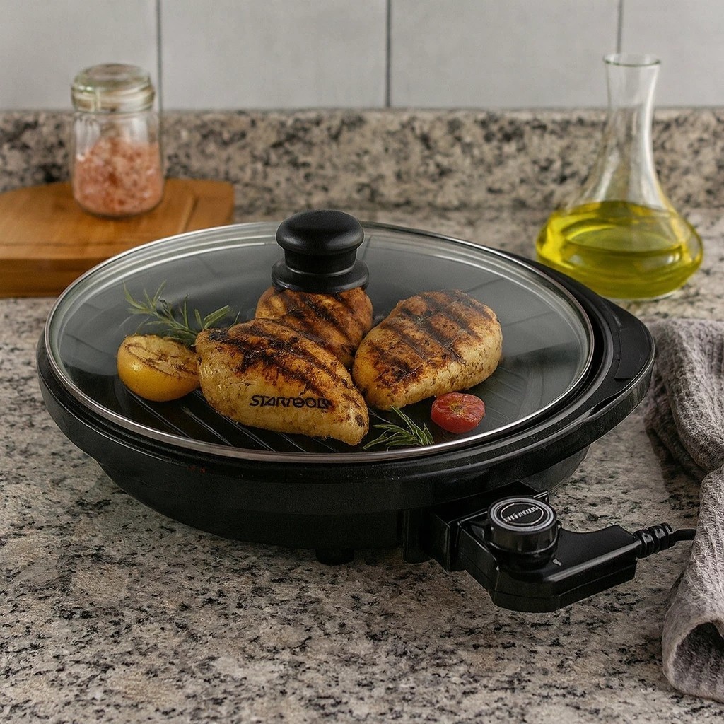 Grill Eletrico Redondo Preto Antiaderente Grelhador Carne Legumes Assadeira Termostato Cozinha