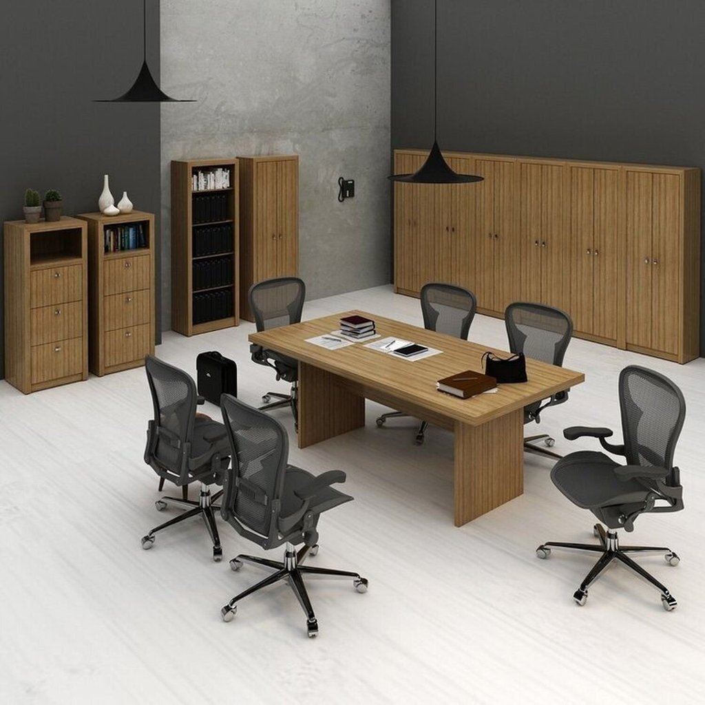 Conjunto 11 Peças com Mesa para Reunião 6 Lugares 7 Armários 2 Gaveteiros e Estante Amendoa Marrom Amêndoa