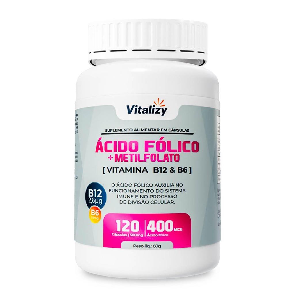 L-Metilfolato 400mcg Ácido Fólico Pré Natal Vitaminas B12 B6 120 Cápsulas Vitalizy