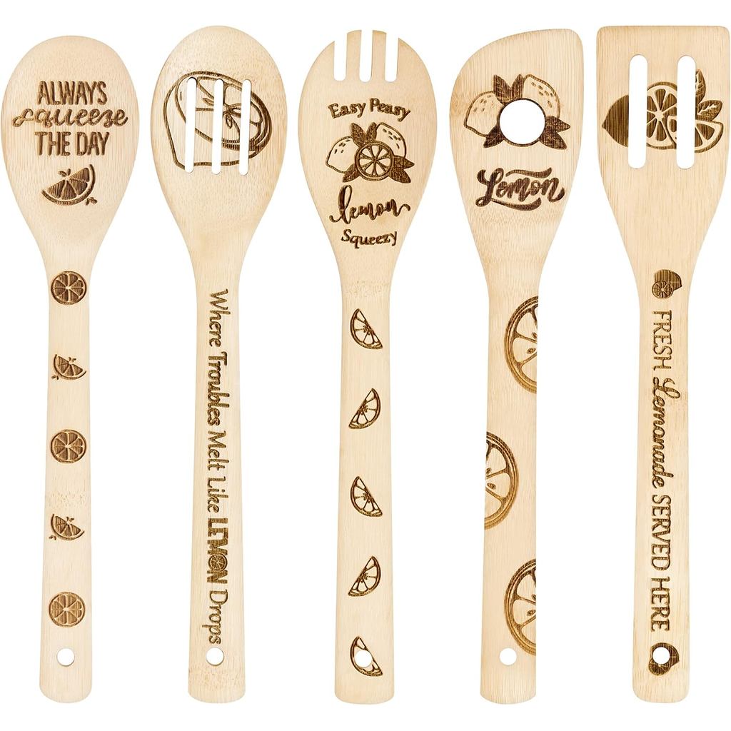 Eartim Utensílios de Cozinha de Madeira - Conjunto de 5 Peças de Utensílios de Cozinha de Bambu com Tema de Limão de Ver