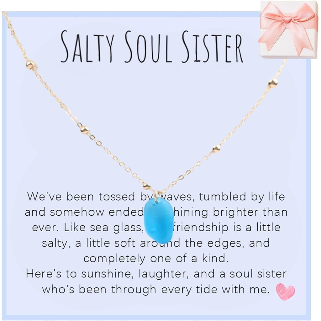 Colar Amiga Alma de Vidro do Mar, Colar Amiga de Vidro do Mar, Pingente de Vidro Azul, Joia de Praia em Forma de Gota d'