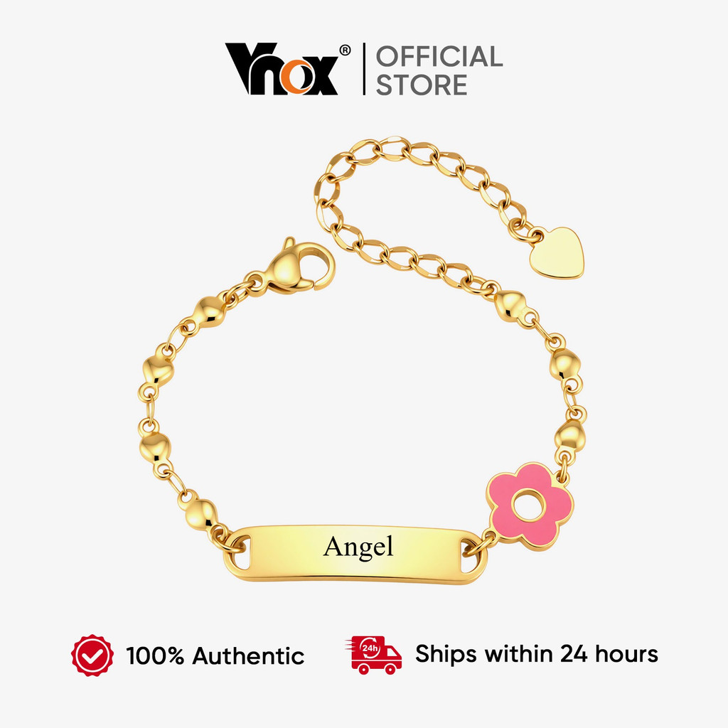 Pulseira Com Nome Infantil Vnox Gravação Personalizada , Acessórios Pingente De Flor , Corrente De Mão Banhada A Ouro ,