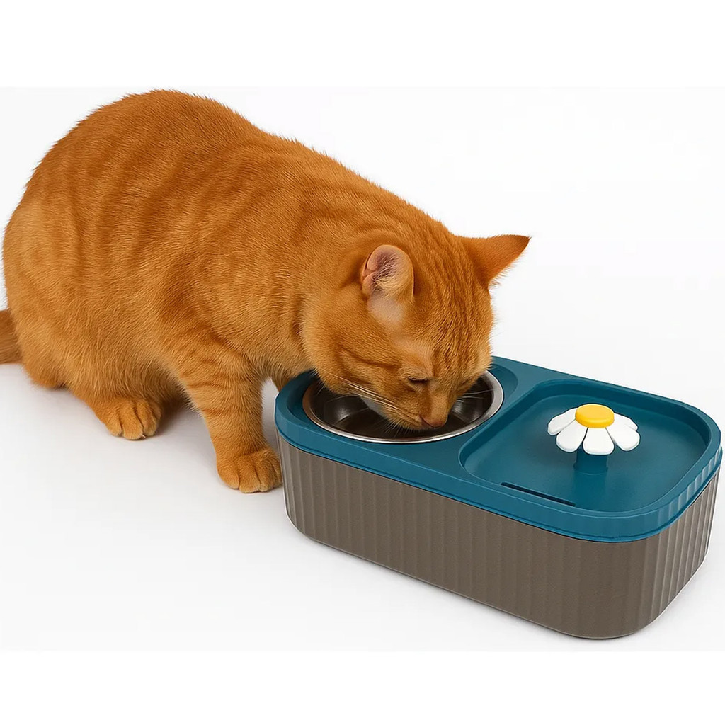 Fonte De Água Para Pet Automática Com Comedouro Cão E Gato 3 Litros Prato Ração Inox