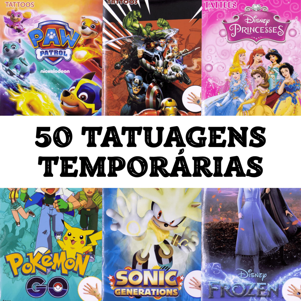 Kit 50 Tatuagens Temporárias Tattoo Personagens Variados Antialérgicas