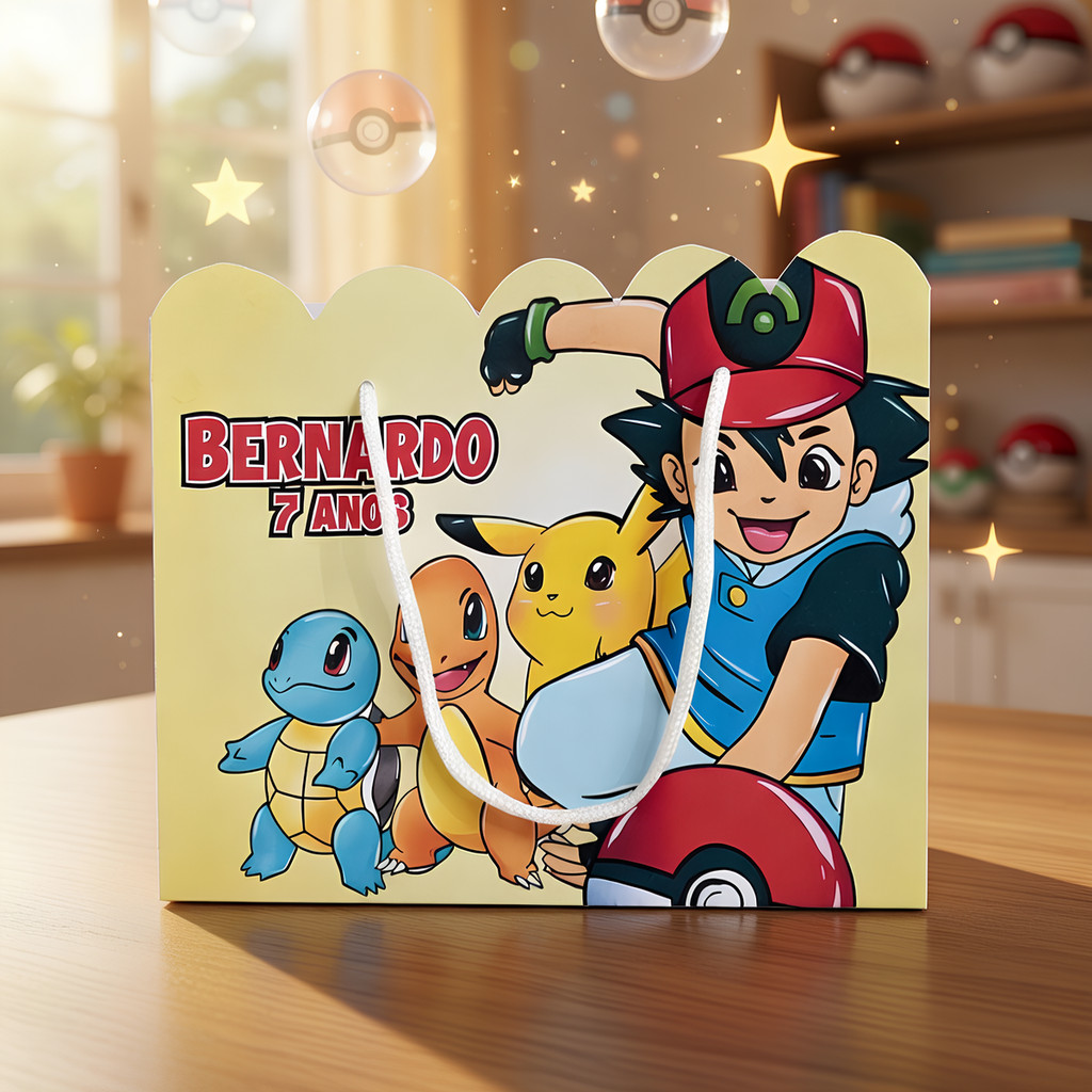 Kit Sacolinha Sacola Papelaria Personalizada Pokémon Sacolinha de Lembrancinha Caixinha para Festa