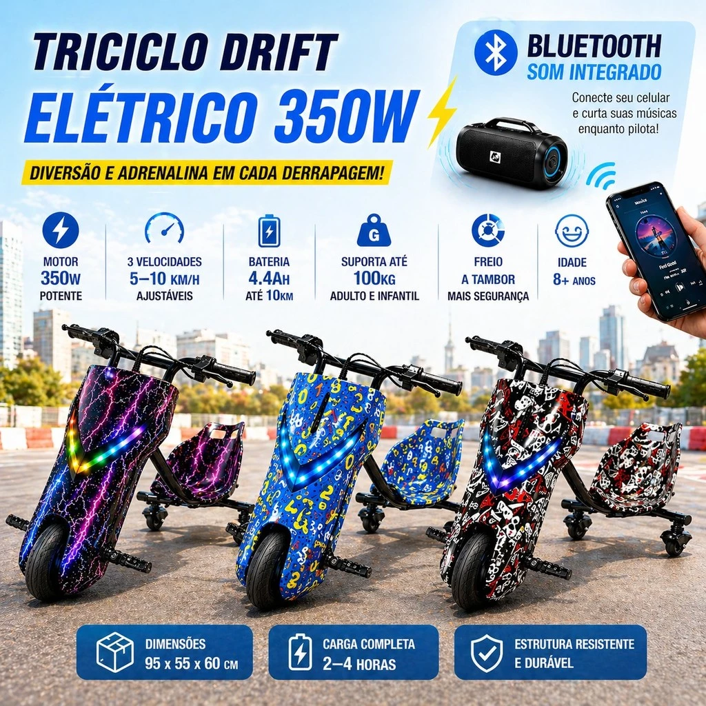 Triciclo Drift Elétrico 350W até 100kg | Infantil e Adulto | 3 Velocidades - Bluetooth
