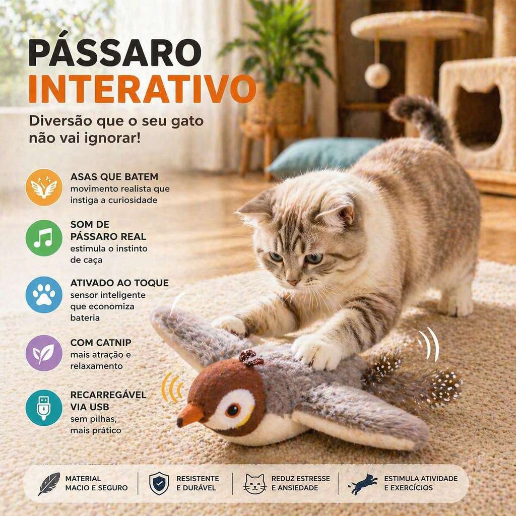 Brinquedo para Gato Interativo Pássaro com Som e Movimento USB Recarregável com Catnip Anti Tédio