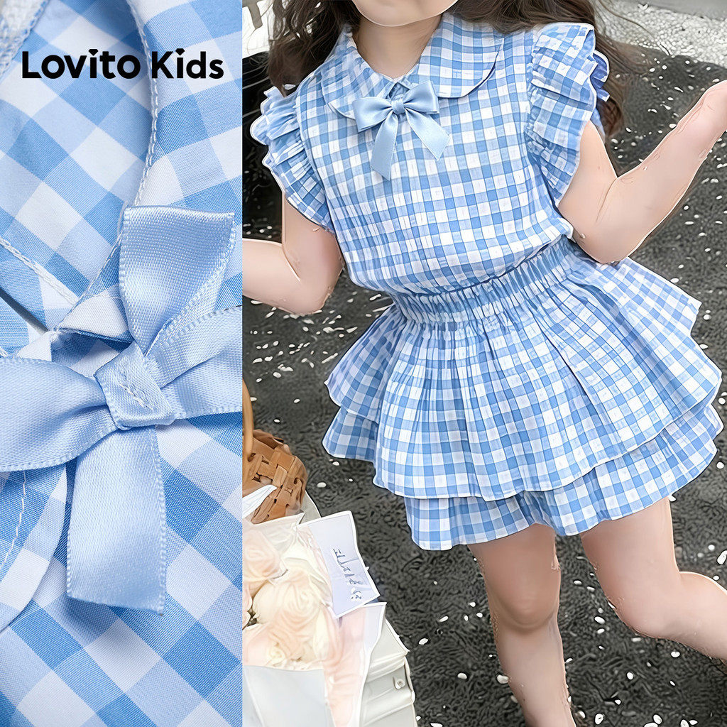 Lovito Kids Casual Conjuntos de Saia com Laço Babados e Camadas Azuis para Menin