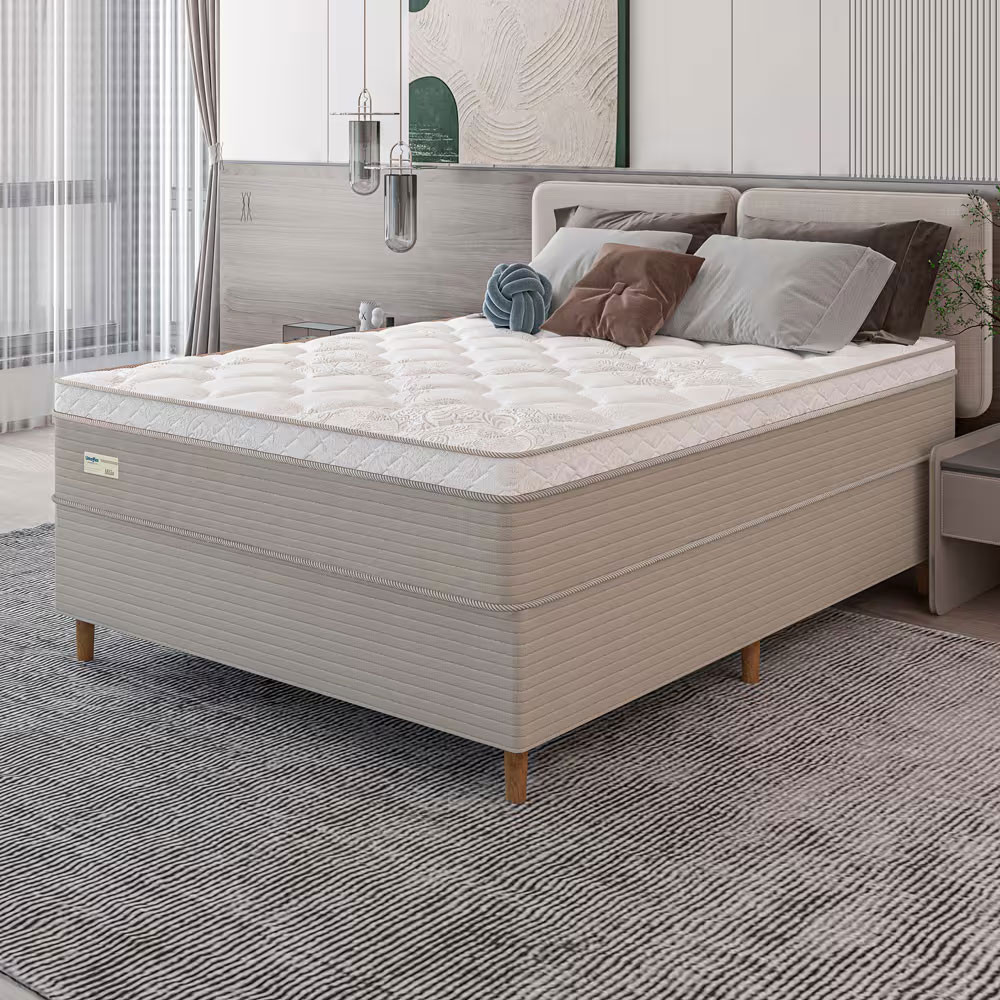 Cama Box Casal Milão com Revestimento em Malha + Colchão com Euro Pillow Umaflex