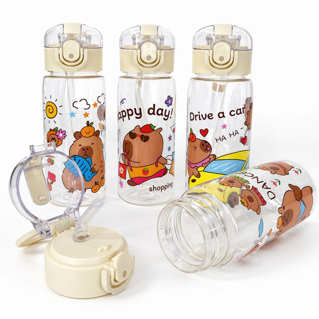 Garrafa Infantil 450ml Capivara Alça e Canudo de Silicone Macio Antivazamento