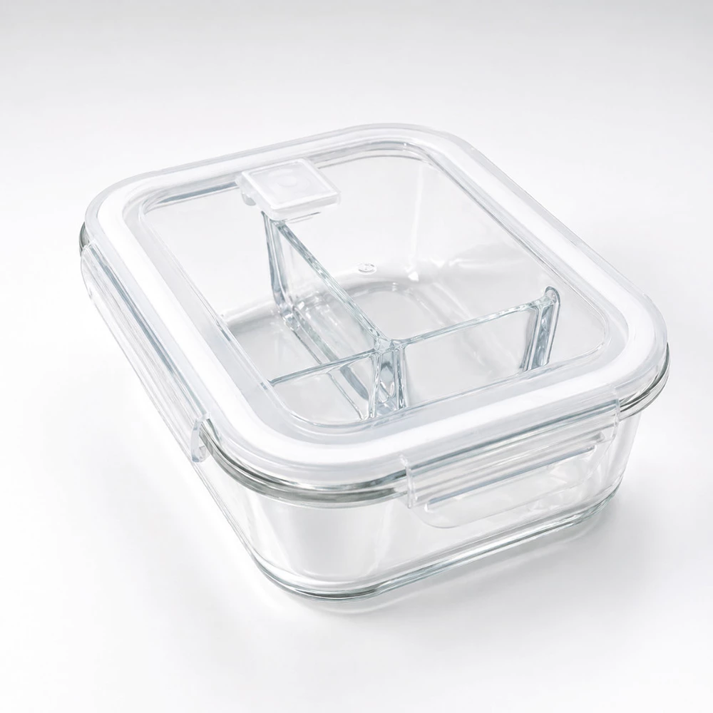 Marmita De Vidro Hermético de 1000ml Com 3 Divisórias Tampa c/ Trava | Antivazamento