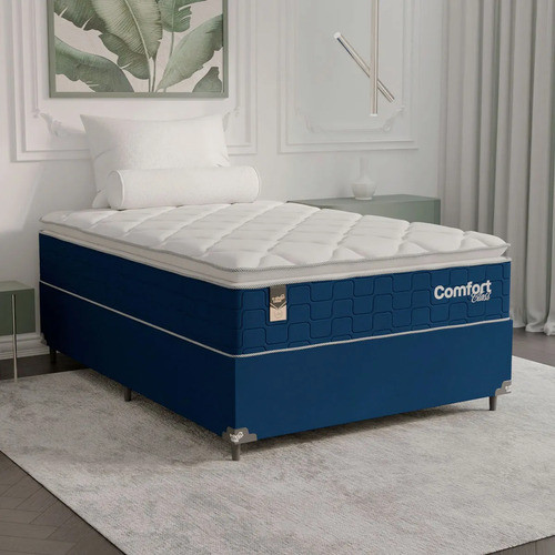 Cama Box Viúva + Colchão Comfort Class Pillow Top 128x188 Azul/suede Azul