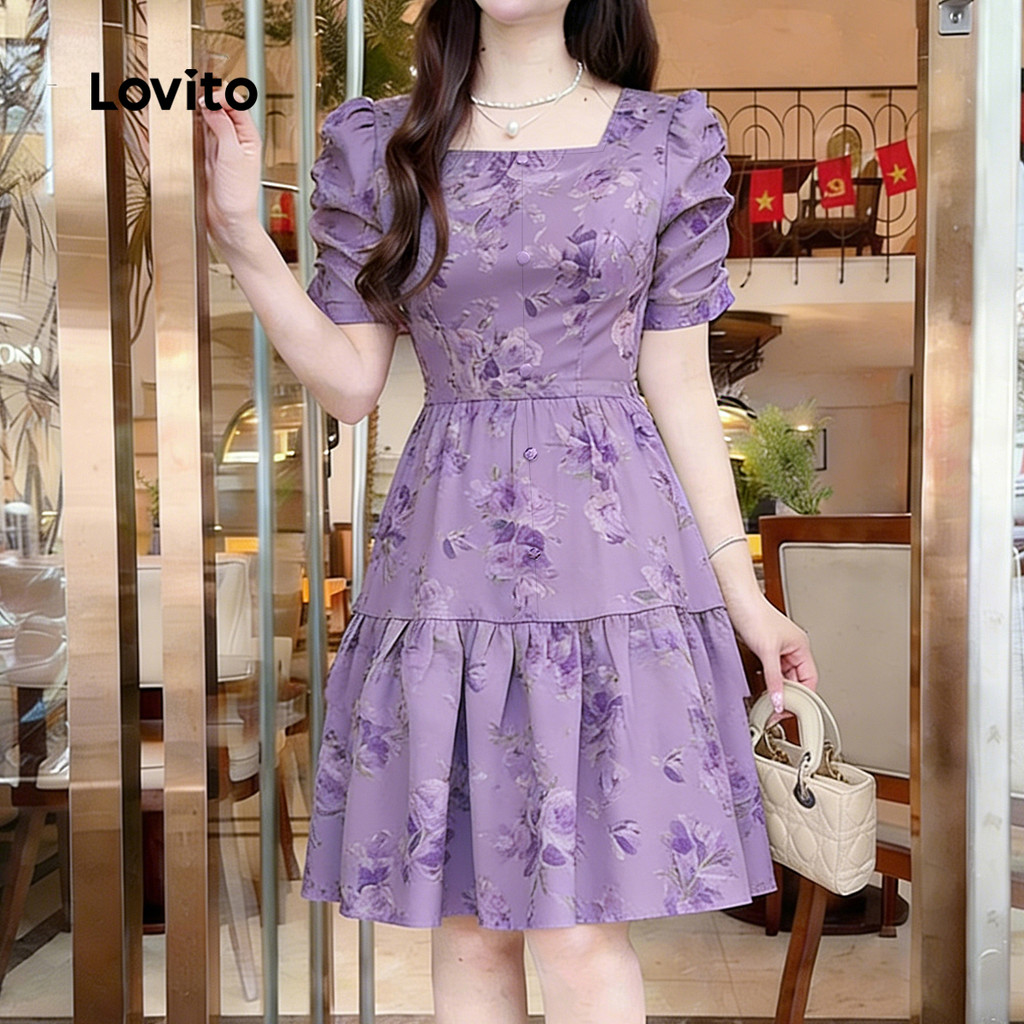 Lovito Floral Elegante Vestido com Babado Na Barra Estampa Primavera/verão Roxo para Mulheres LK5ED988 · foto 2