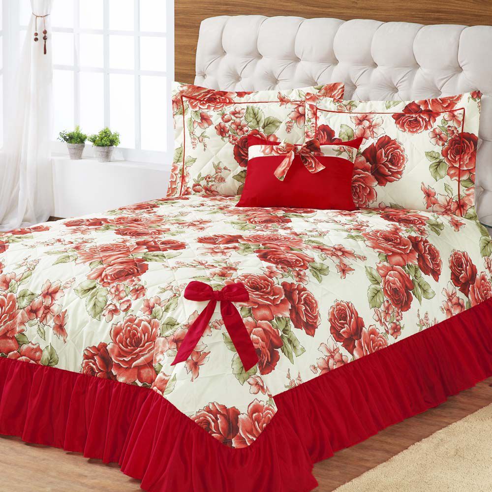 Kit Colcha Cobre Leito Lençol Laila Casal 05 Peças Bouquet Vermelho