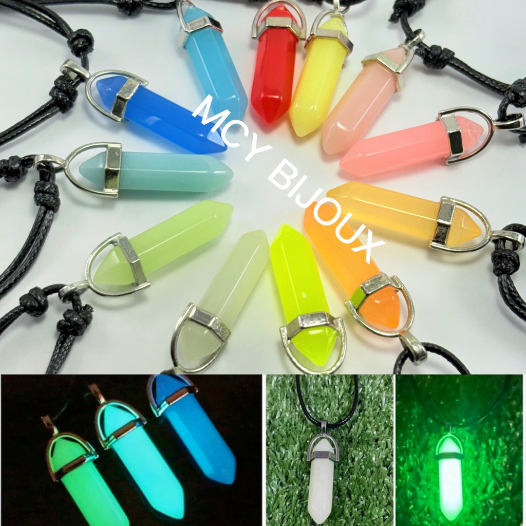Colar de Pedra Hippie Quartzo Lua Natural Brilha no Escuro Várias Cores, Cordão Encerada Preto Ajustável