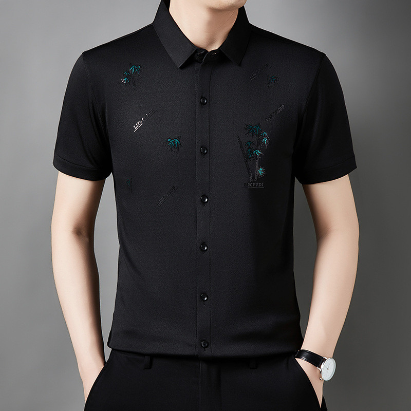 Camisa elástica de manga curta masculina verão High-End negócios estilo fino sem costura camisa de seda gelo masculina