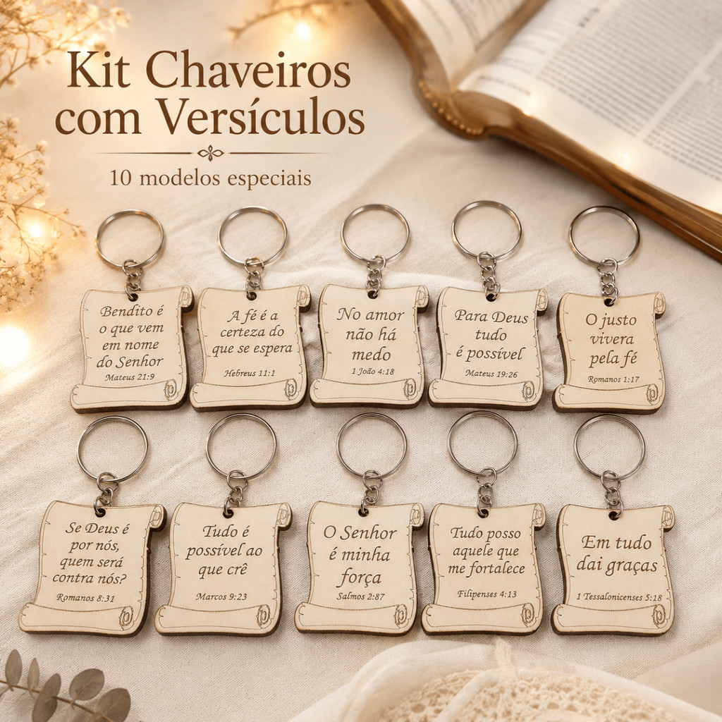 Chaveiros 10/30/50/100 Versículos Bíblicos Modelo Pergaminho MDF Branco Lembrancinha Brinde Cristã